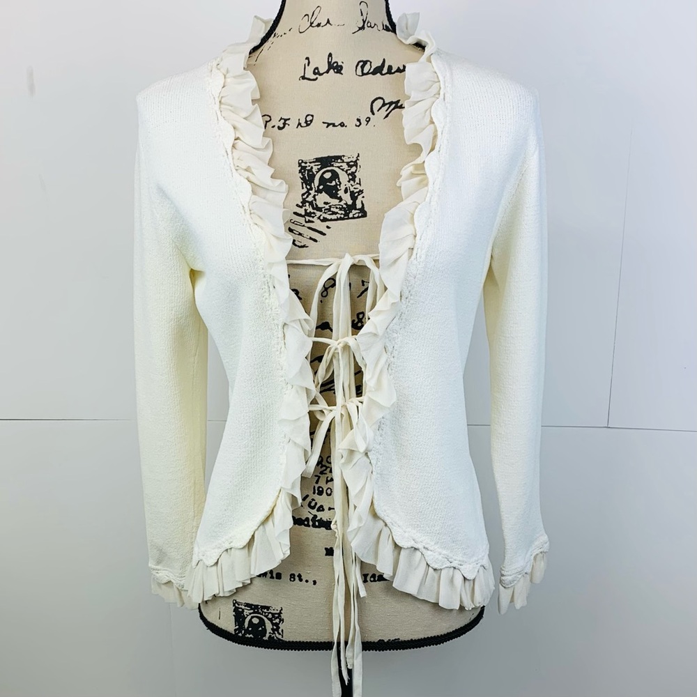 Elaris Made In USA Women M Bow Tie Slim Fit Cardigan Ruffle Boho Coquette Ivory